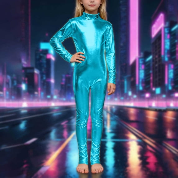 WhouRiu Girls Athletic Long Sleeve Jumpsuit Solid Color High Neck Leotard Kids Comfortable Breathable Cute Dance Performance Onesies,4-6 Years
