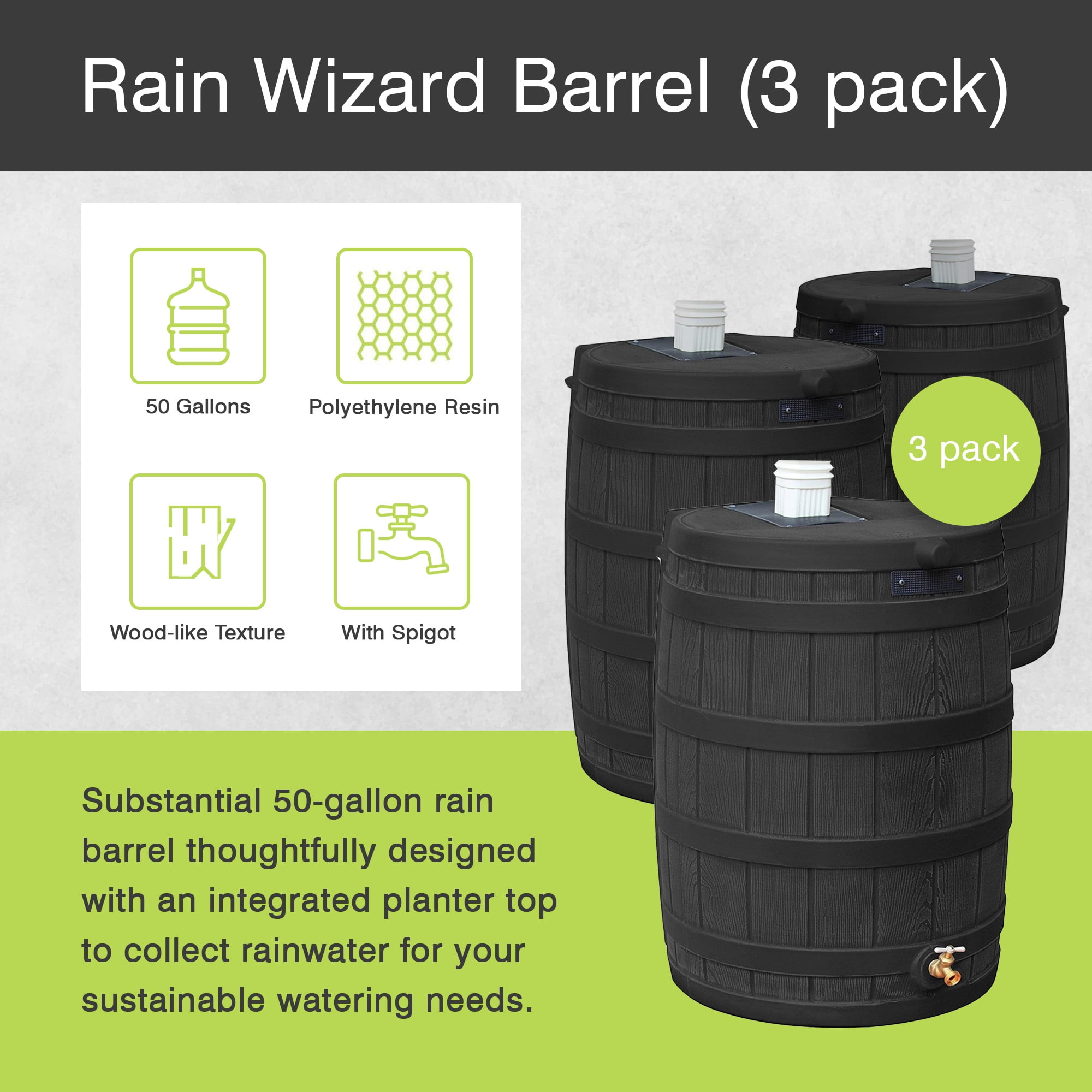 Good Ideas Rain Wizard 50 gal Plastic Rain Barrel w/ Brass Spigot (3 Pack)