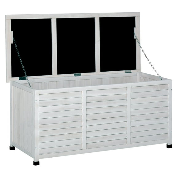 Outsunny Coffre de Terrasse en Bois Conteneur de Rangement Extérieur avec Fente d'Aération Blanc