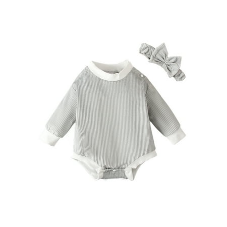 

Infant Baby Girl Ribbed Corduroy Jumpsuit Contrast Color Long Sleeve Fall Romper + Bow Headband