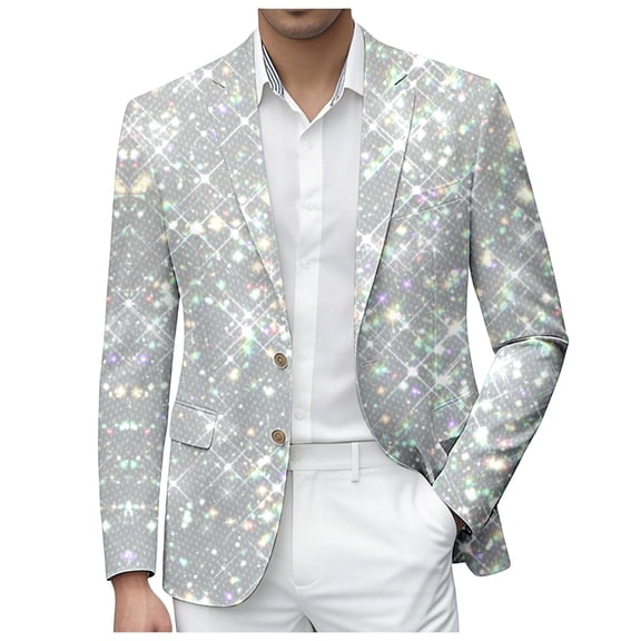oqasdz Blazer for Men Sequin Print Jacket Glitter Embroidered Tuxedo for Groom Dinner Stretch Slim Fit Dress Coat Travel Party Business Formal
