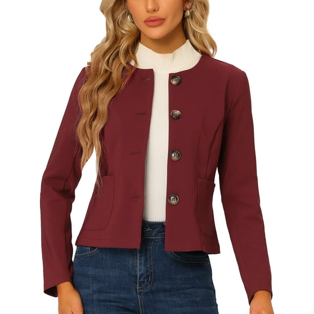 Chaqueta de Mujer Allegra K con Botones Cortos y Ligeros de Otoño color Borgoña M