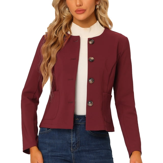 Chaqueta de Mujer Allegra K con Botones Cortos y Ligeros de Otoño color Borgoña M
