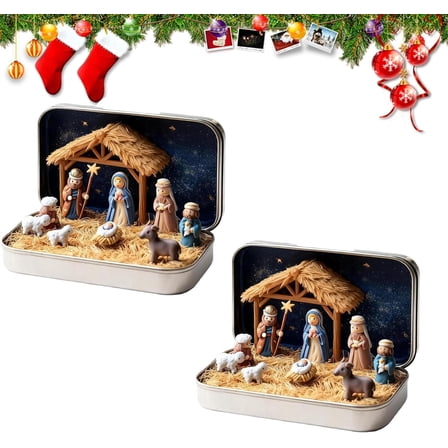 Mini Christmas Nativity Set in Tin Box, Portable Xmas Decoration