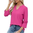 thumbnail image 3 of USNSM Women's Modest Pullover 3/4 Ruched Sleeve Length Loose Fit Tunic Blouses Hollow T Shirts Pleated Flare V Neck Tops Hot Pink L, 3 of 6