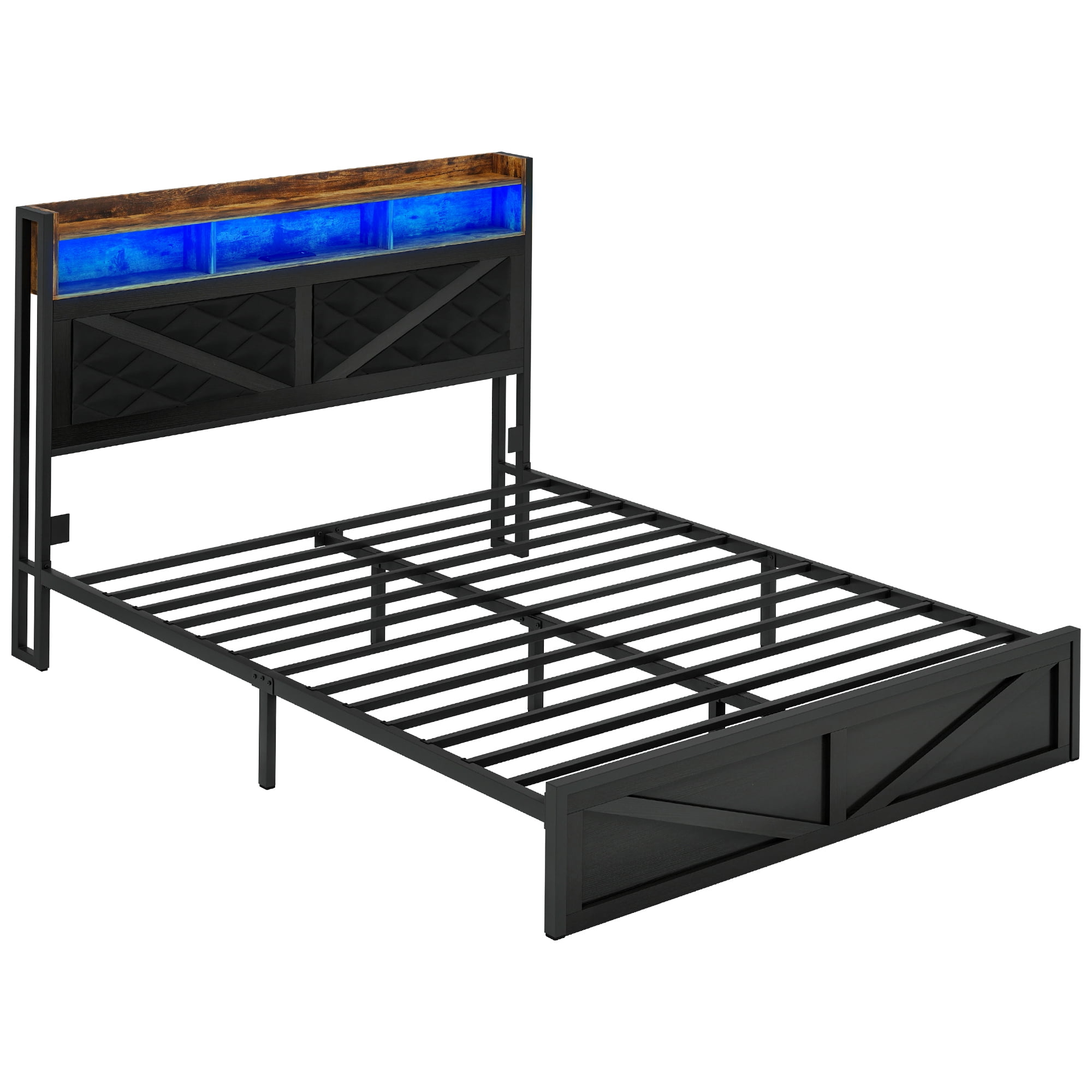 Dextrus Queen Size Distressed Wood Bed Frame with LED Headboard, USB Ports & Dual Storage, Black