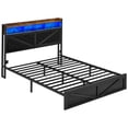 thumbnail image 3 of DEXTRUS Queen Size Distressed Wood Bed Frame with LED Headboard, USB Ports & Dual Storage, Black, 3 of 12