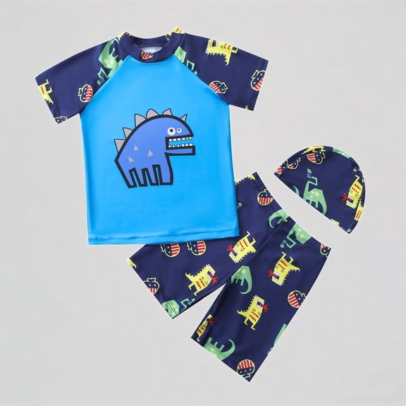 REDARER Toddler Boys' 3-Piece Swim Set – Dinosaur Print Short-Sleeve Rash Guard Trunks Matching Swim Cap, Beach Bathing Suit,2-3 Years