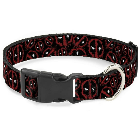 Marvel Comics Pet Collar, Dog Collar Plastic Buckle, Deadpool Splatter Logo Scattered Black Red White, 7 to 8.5 Inches 0.5 Inch Wide