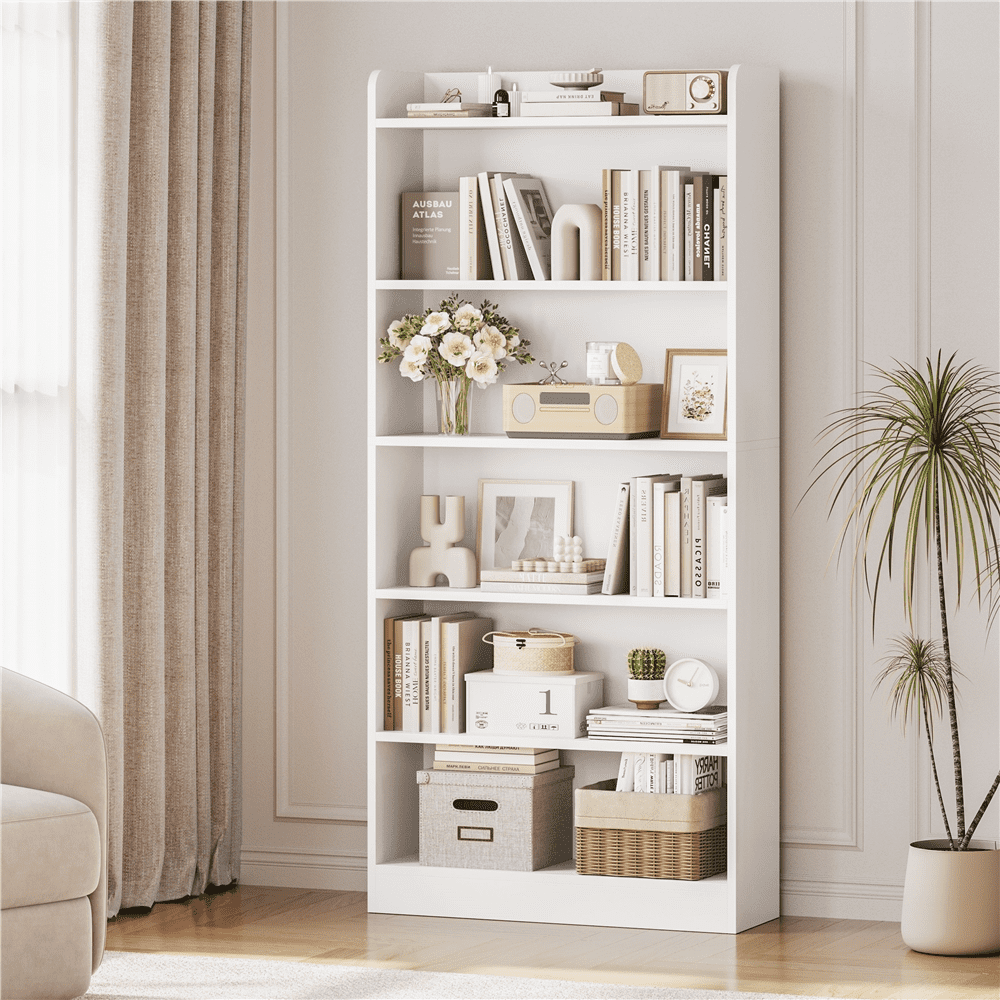 Renwick 6 Layer Modern Simple Bookshelf with Top Open Compartment, Set of 2, White