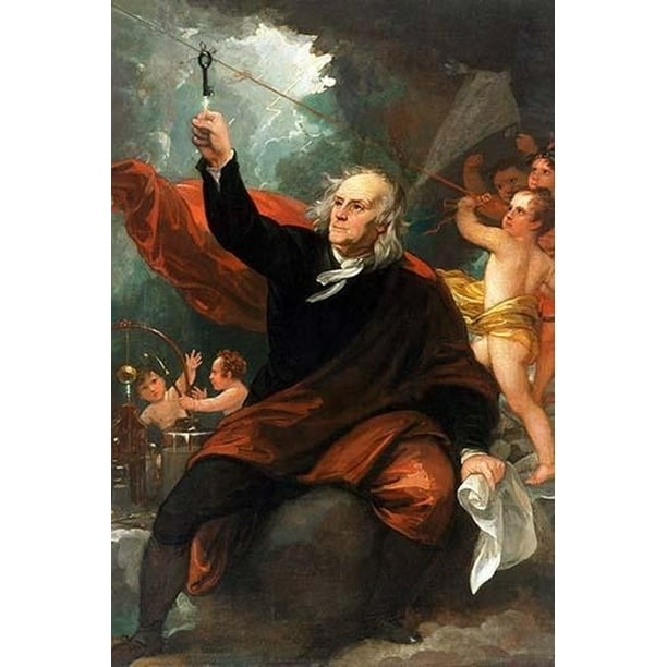 Famous oil painting of Benjamin Franklin Drawing Electricity from the
