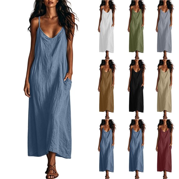 Summer Dress for Women Loose Solid Spaghetti Strap Boho Long Dress with Pockets Evening Dinner Date