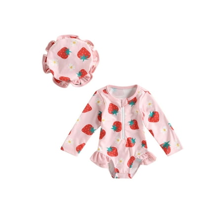 

Bagilaanoe Toddler Baby Girl One-Piece Swimsuit Strawberry Print Long Sleeve Zipper Rashguard Swimwear + Swimming Cap 6M 9M 12M 18M 24M 3T Kid Ruffle Bathing Suit