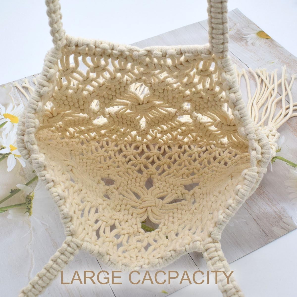 Boho Crochet Summer Handbag Handmade Cotton Rope Knit Shoulder Bags for Women Bohemia Tote for Travel