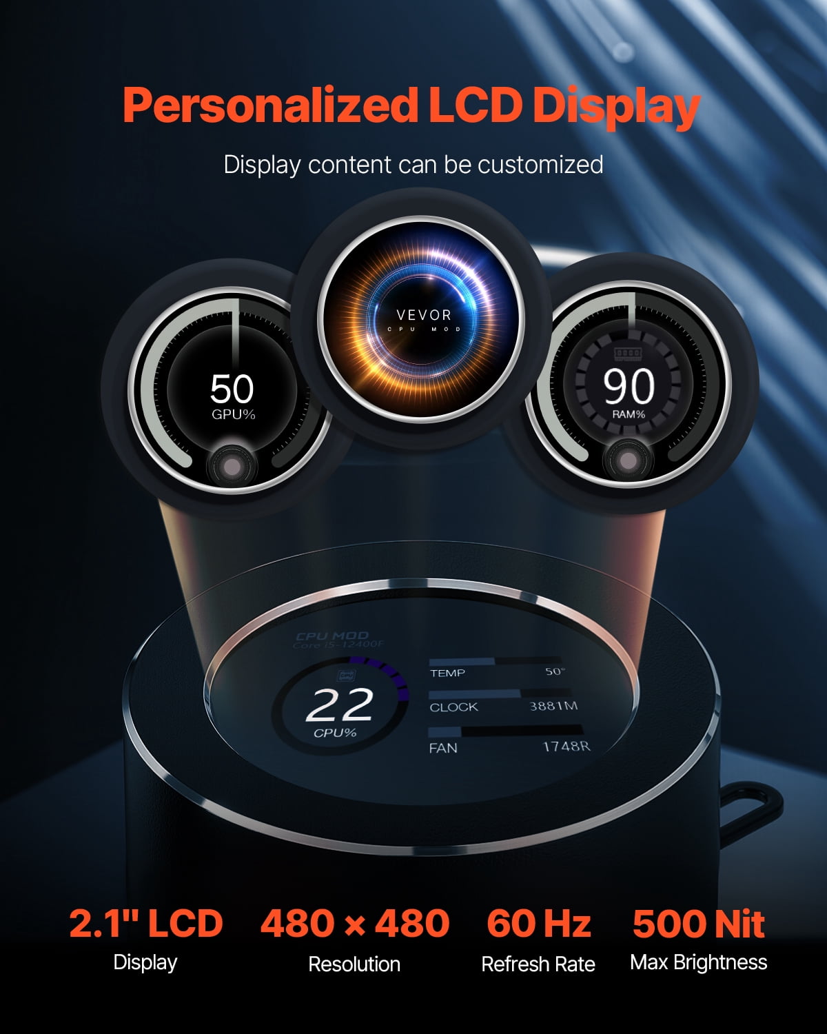 VEVOR CPU Liquid Cooler, AIO CPU Water Cooler - 120mm PWN Fans & Pump, Customizable Black PC Liquid Cooler with 2.1'' LCD Display & ARGB light, for Intel 115X/1366/2011/1700/1200, AMD AM4/AM5