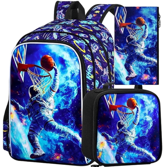 16" Astronaut Backpack for Boys, 3Pcs Kids School Bookbag with Lunch Box, Basketball Backpacks Set for Elementary Preschool Kindergarten(Blue)