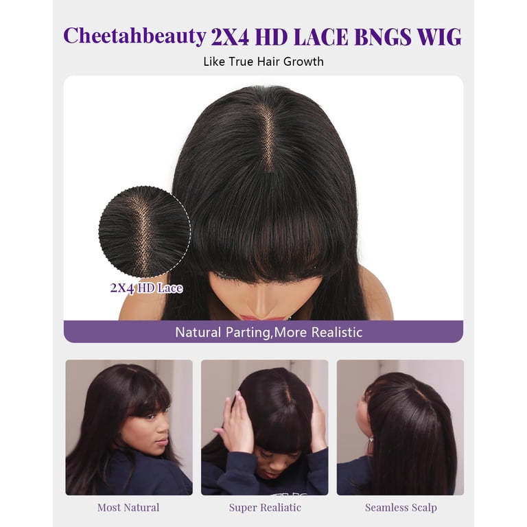 Straight Human Hair Wig With Bangs Glueless Wear and Go 2x4  display picture 3