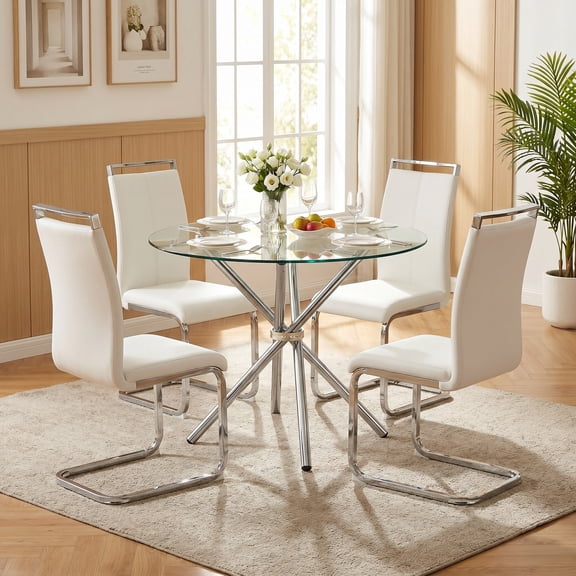 Sumdeal 5-Piece Round Glass Dining Table Set for 4 with 4 PU Leather Chairs, White