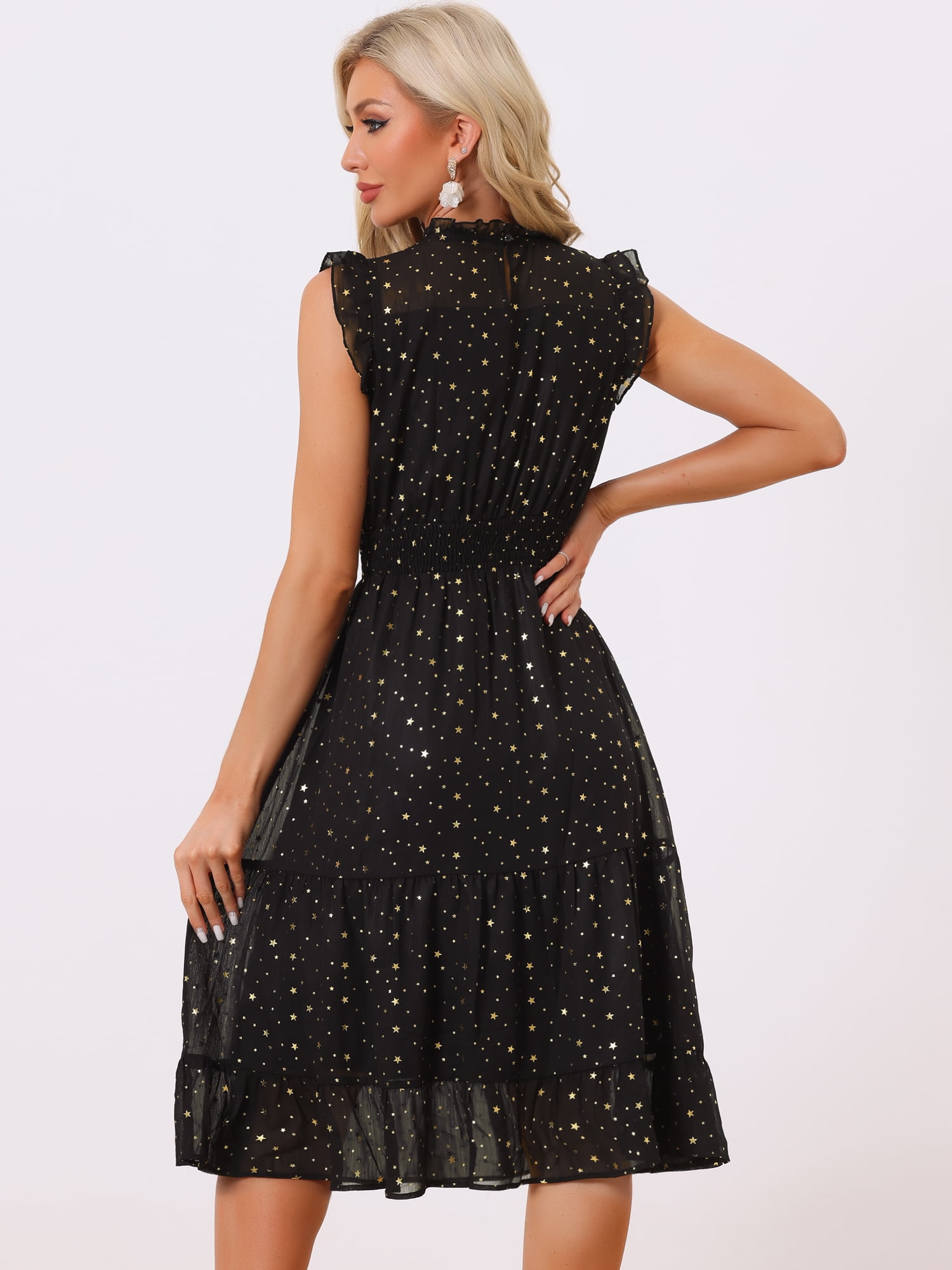 DARING DIVA Smocked Waist Gilding Metallic Stars Chiffon Dress S Black