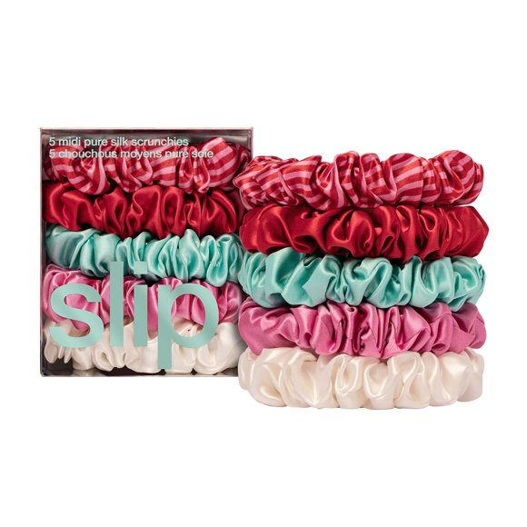 slip Midi Scrunchie Gelati Set | Set of 5 Pure Silk Scrunchies in Sundown, Gelati, Sunshade, Bianca, & Turquoise | 100% Mulberry Silk, Anti-Crease, Gentle on Hair, Reduces Breakage |