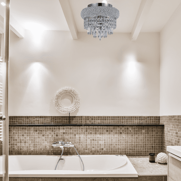 Crystal Chandelier Flush mount lighting 4 lights modern design 12"x6" in Chrome color with original Teardrop Crystals