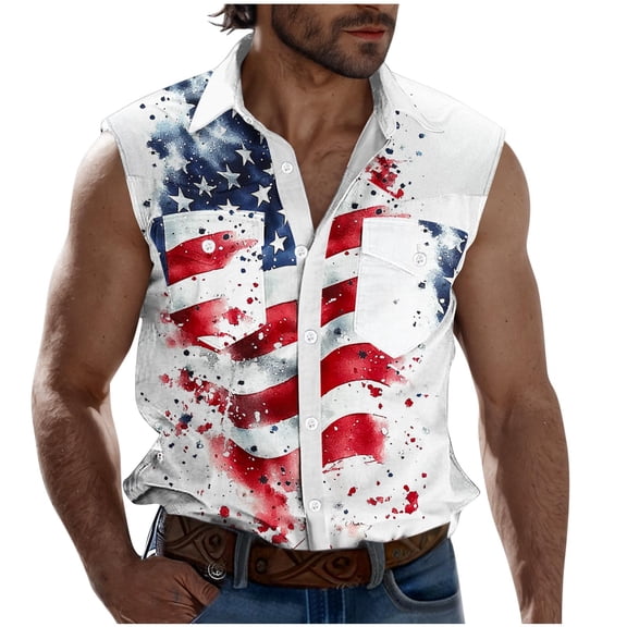 Jessboyy Mens Patriotic Tank Tops Summer Button Down Sleeveless Shirts with Pockets American Flag Printed 4th of July USA T-shirts White,XXL