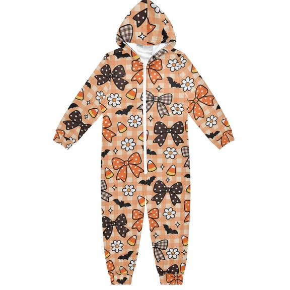 Halloween Bow Checked Boys & Girls Hooded One-Piece Pajamas Warm Crystal velvet Hooded Long Sleeve Loungewear Jumpsuit Unisex
