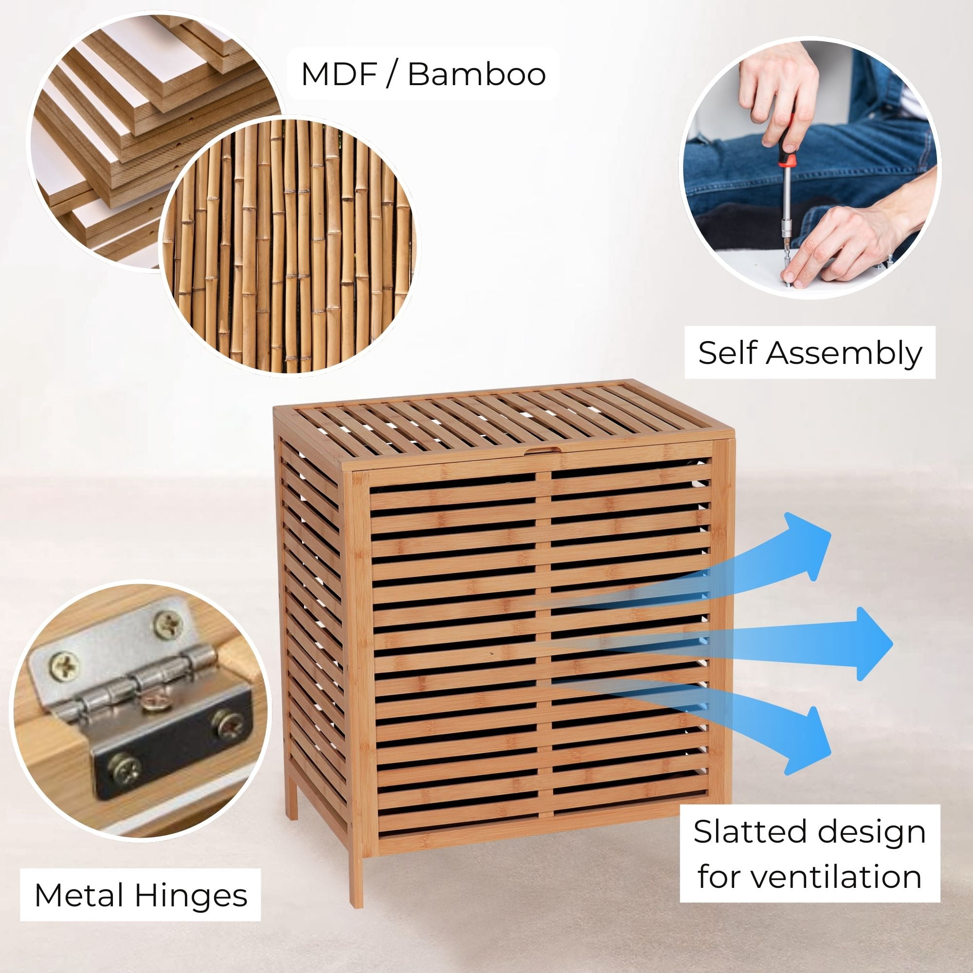 Bamboo Laundry Hamper with Lid, Removable Bag, Slatted Ventilation Design, Large Storage Basket, Perfect for Bathroom  Laundry Room