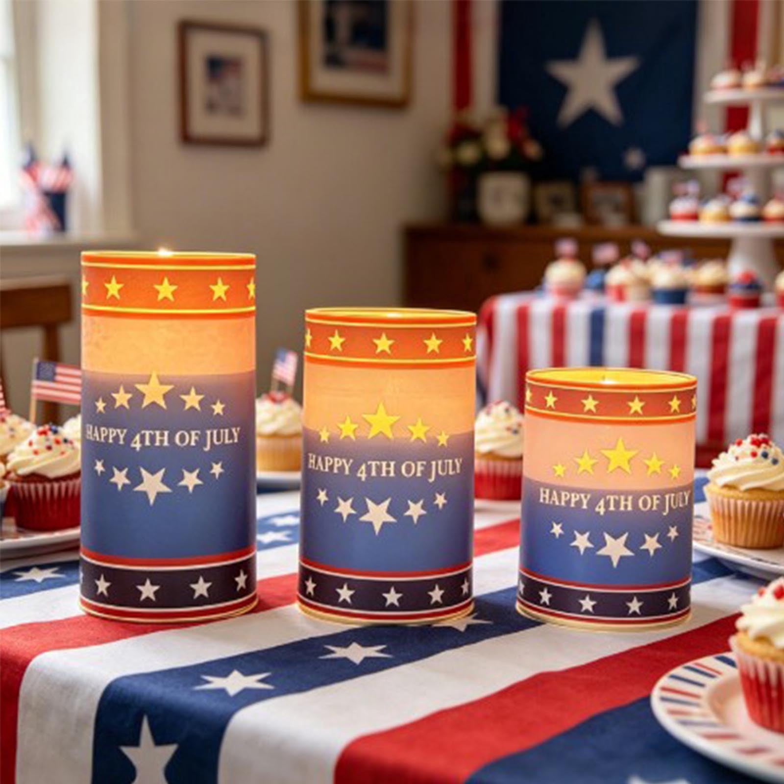 4th of July Patriotic Flameless Candles, Set of 3 LED Candles with Remote, Red White Blue Star Stripe Decor for Independence Day