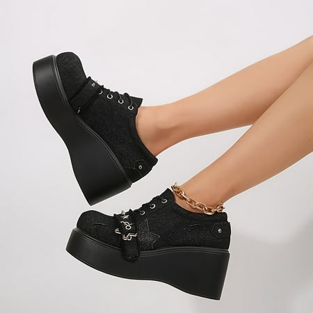 

Women‘s Star Pattern Wedge Heeled Loafers Fashion Denim Lace Up Platform Shoes Women‘s Comfortable Shoes