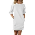 thumbnail image 2 of Guieoi Dress for Women under $10.00 Plus Size Women's Casual Round Neck Five Quarter Sleeve Pocket Solid Color Dress White Black*Friday/Cyber*Monday, 2 of 6