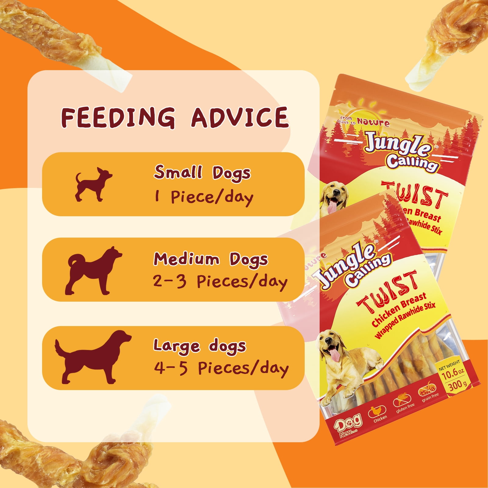 (5 pack) Jungle Calling Dog Treats, Chicken Wrapped Rawhide Sticks for Dogs, Puppy Training Treats Dog Chews Snacks (10.6 Ounce (Pack of 1))