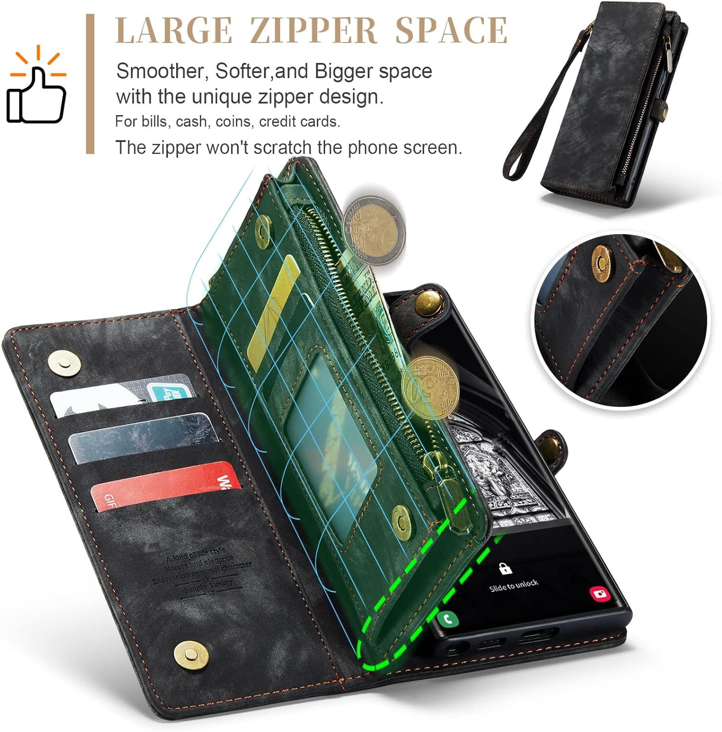 Phone Case for Samsung Galaxy S23 Ultra 5G Zipper Wallet Detachable Cover with Leather Flip Credit Cash Card Holder Mobile Cell Accessories S23Ultra 23S S 23 23Ultra 6.8 inch Women Men Black