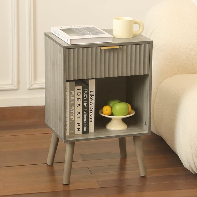 Mesita de noche Fultyle Mid Century Modern con cajón gris