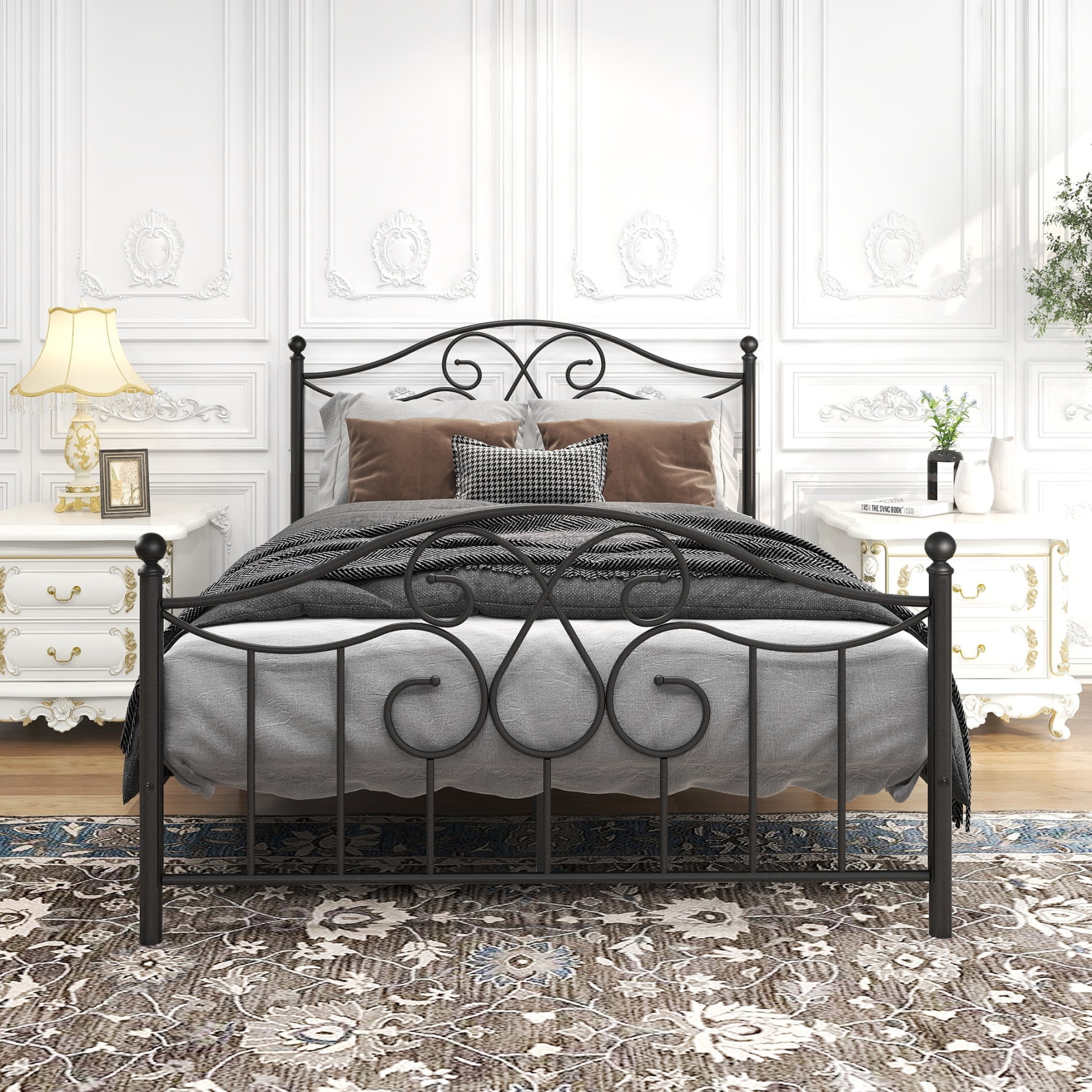 Full Size Victorian Style Platform Bed, Metal Bed with Vintage