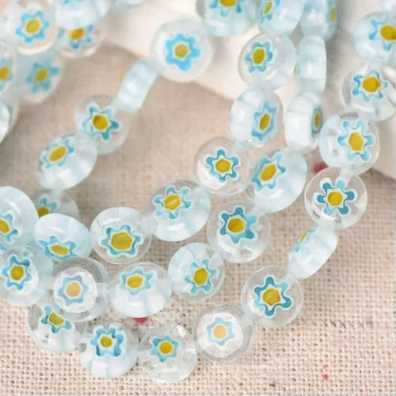 U8MO 6mm 8mm 10mm 12mm Flat Round Millefiori Lampwork Glass Beads For Jewelry Making-Aqua Blue Yellow-10mm 35pcs