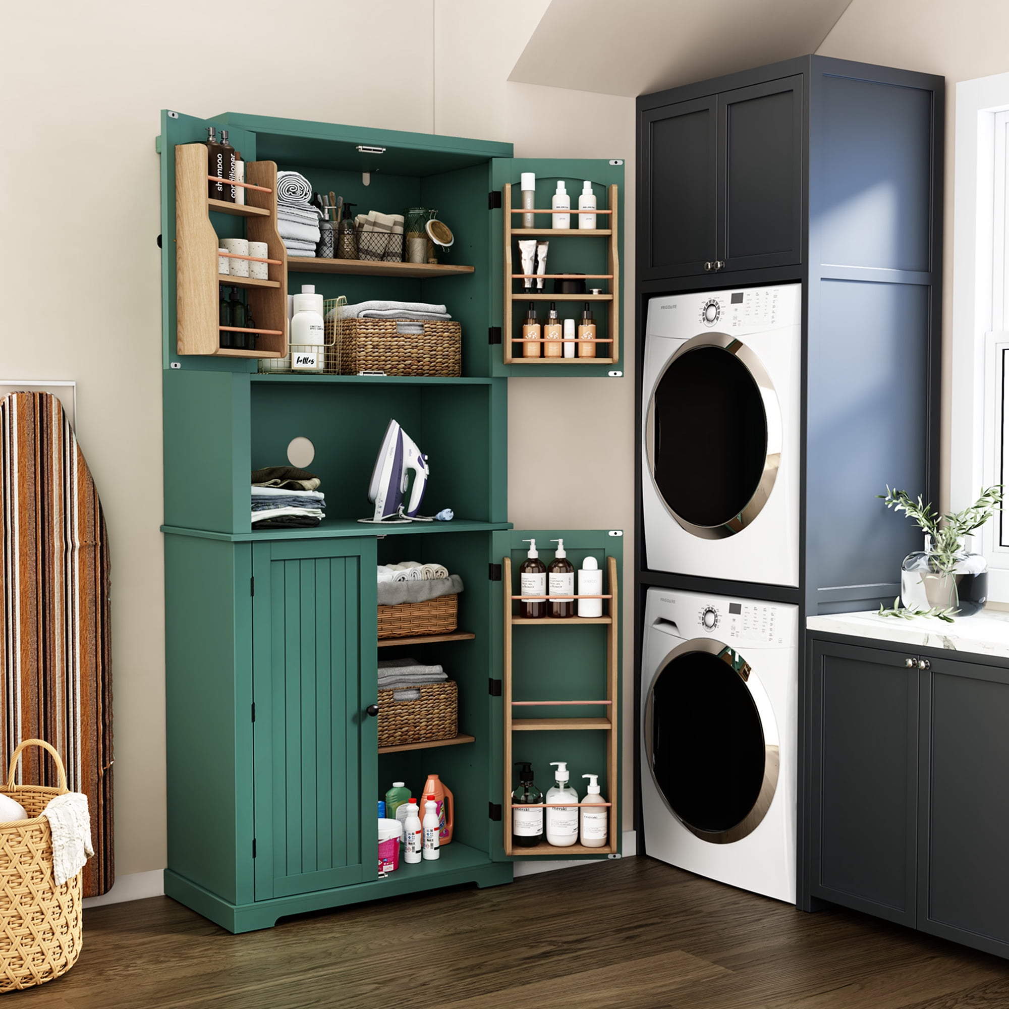 HLR 72" Kitchen Pantry Cabinet, Freestanding Pantry Storage Cabinet with Hutch & Shelves, Green