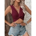 thumbnail image 2 of Women'S Twist Front V Neck Ribbed Knit Sleeveless Sexy- Tank Crop Top Wine Red S, 2 of 7