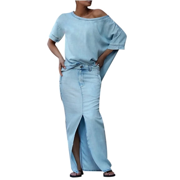 ZQUUVOU Women's One Shoudler Dress 2 Piece Set Round Neck Loose Tops with High Slit Midi Skirt Elegant Outfit Summer Light Blue