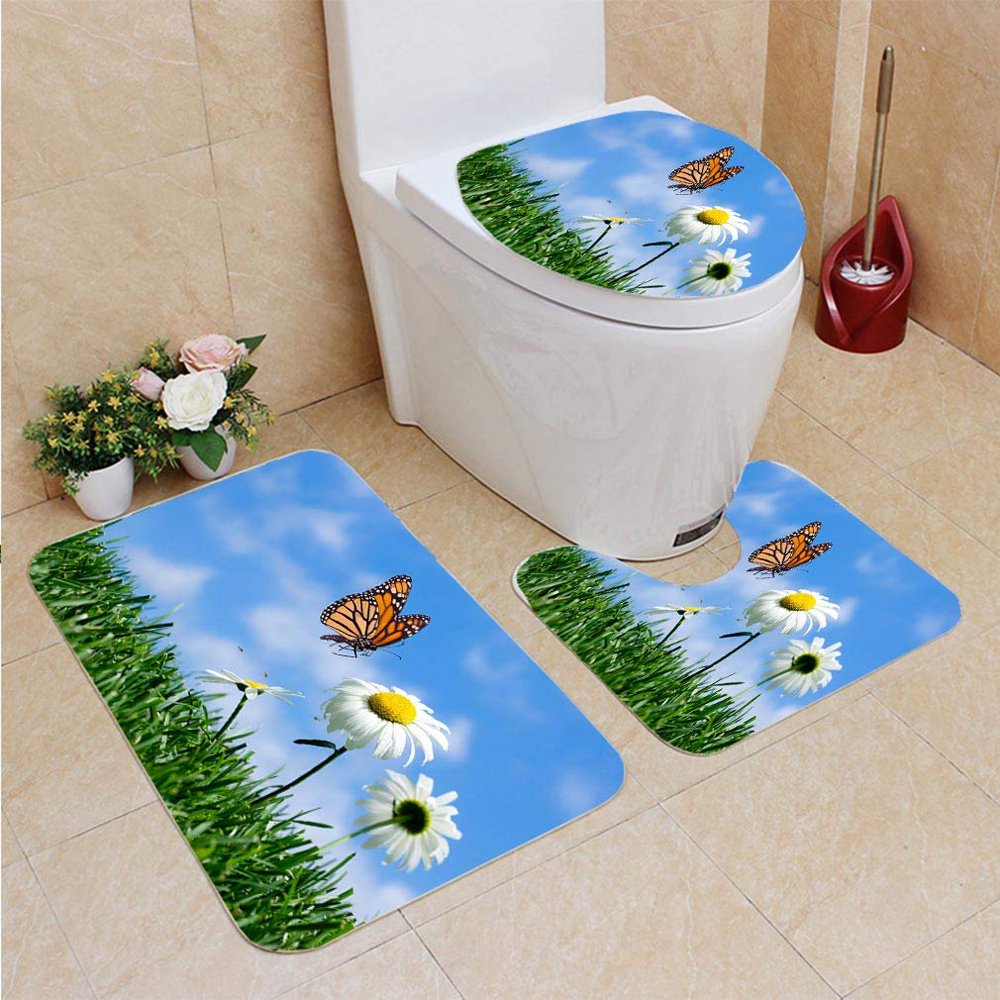 GOHAO Daisies Butterflies 3 Piece Bathroom Rugs Set Bath Rug Contour