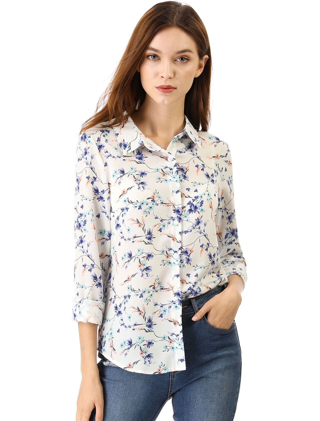 Unique Bargains - Women's Point Collar Button Down Floral Shirt XL ...