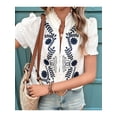 thumbnail image 2 of Katigan Women Summer Tops Casual Floral Boho V Neck Puff Short Sleeve Button Down Shirts Embroidered Blouses Tunic White M, 2 of 7