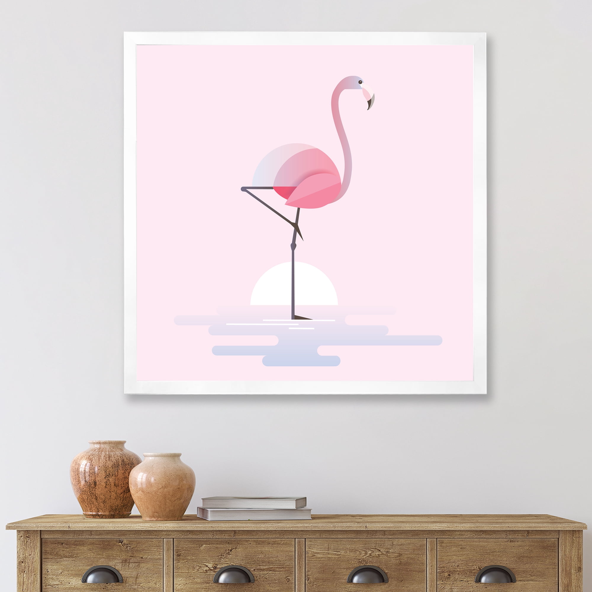 Designart 'Standing On One Toes Pink Flamingo' Farmhouse Framed Art Print