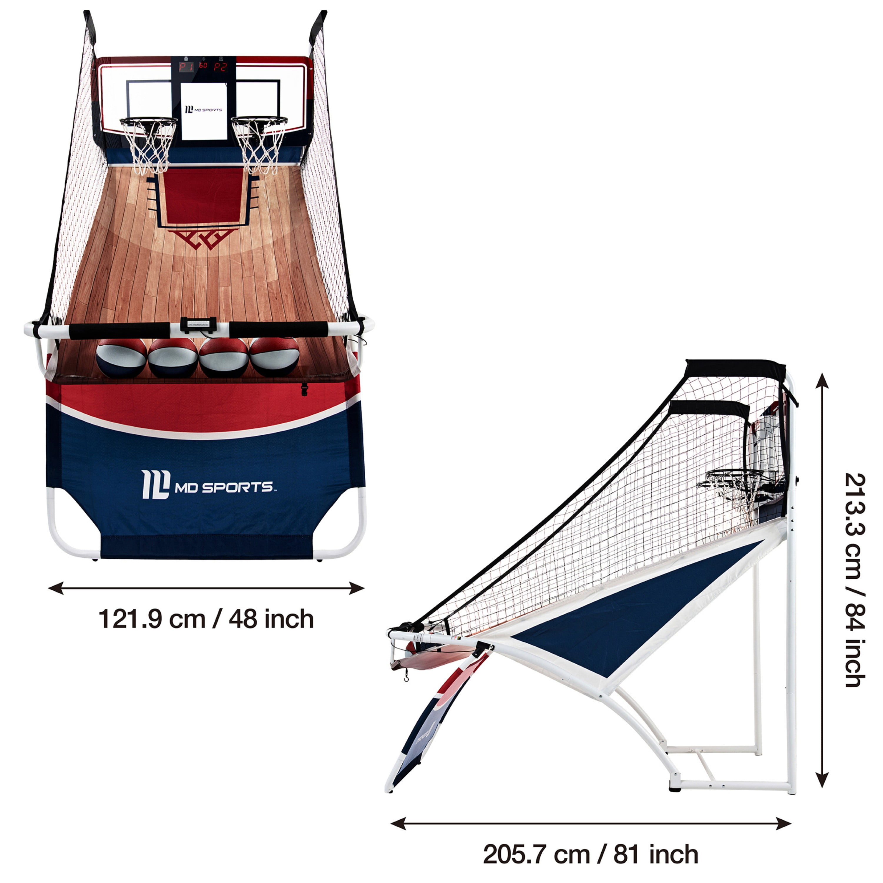7-ft EZ-Fold Dual Shot Basketball Arcade Game with LED Scoreboard, 2 Steel Hoops, 8 Game Modes, Indoor Game Room Set by MD Sports