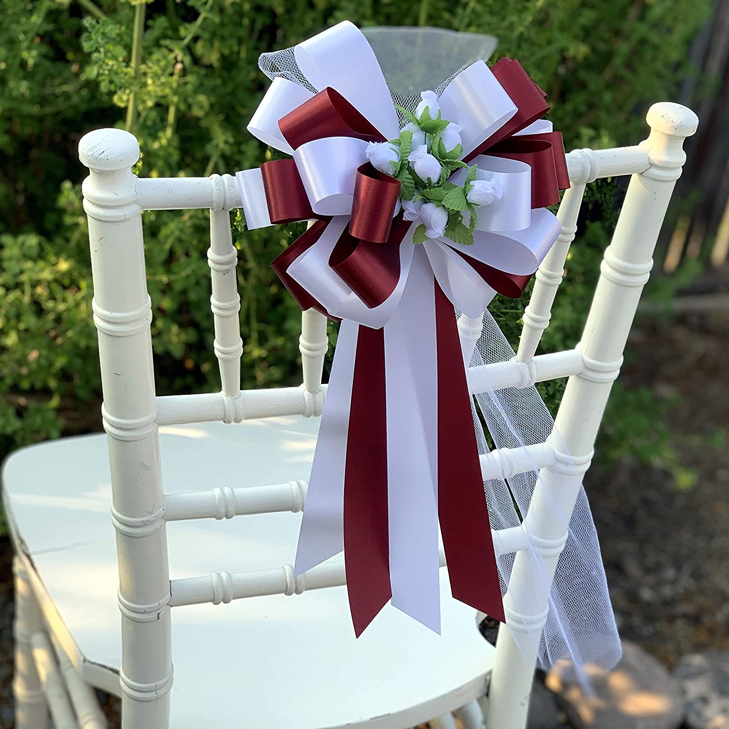 Burgundy and White Wedding Pull Bows with Tulle Tails and Rosebuds - 8" Wide, Set of 6, Pew Bows, Anniversary, Reception, Birthday, Christmas, Valentine's Day