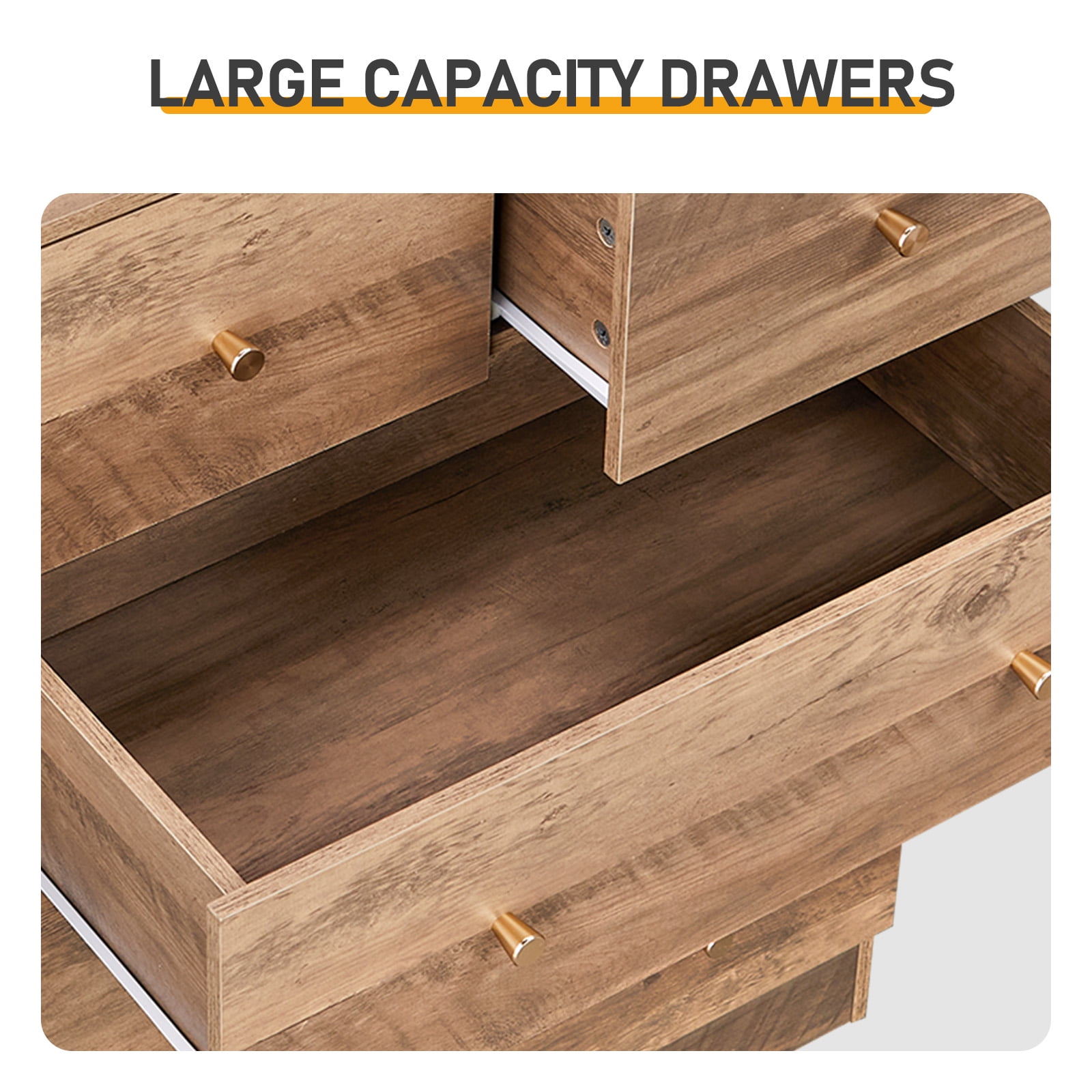 5-Drawer Storage Cabinet, Grey Linen-textured Melamine Particle Board Cabinet with Matte Gold Handles, 3+2 Drawer Organizer for Bedroom Office Living Room