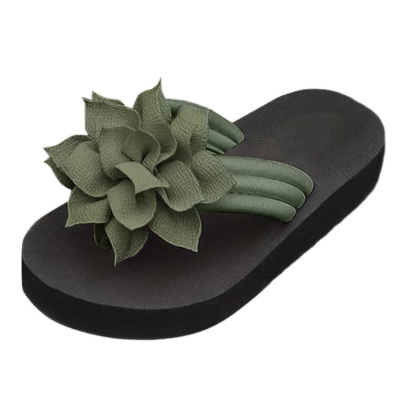 Women's Floral Flip Flops Elegant Appliques Platform Beach Thongs Sandals Summer Slip On Flats Dress Slippers Green Size 8