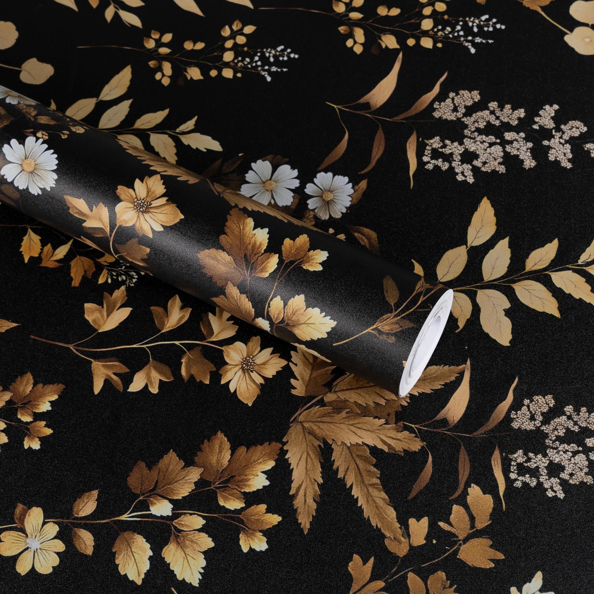 (3 pack) Abyssaly Peel and Stick Wallpaper 17.3" x 118" Black Gold Floral Wallpaper Self-Adhesive Removable Contact Paper for Home Decoration