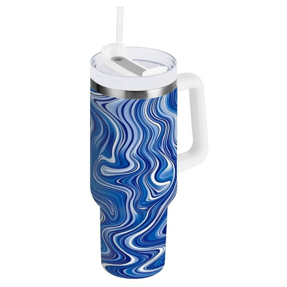 Blue Swirl Pattern Insulated Tumblers 40oz Double-Walled Stainless Steel Water Bottles Car Handle