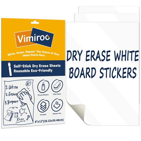 3 Pack Dry Erase Board Stickers Magnetic Free, 12"x8" Restickable Dry Erase Sheets No Residue for Wall/Refrigerator/Door/Cabinet, Adhesive Non-Magnetic Whiteboard, Fridge Dry Erase Paper